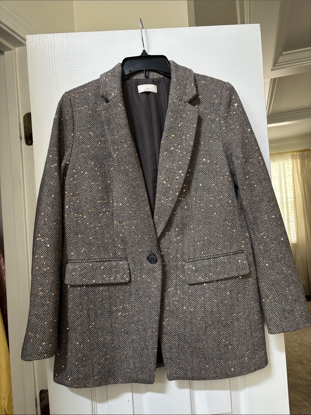 LOFT Taupe Herringbone Blazer with Metallic Fleck